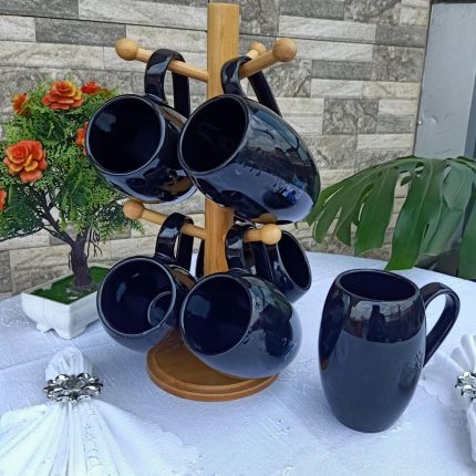 6pc Black cup set with Bamboo Holder